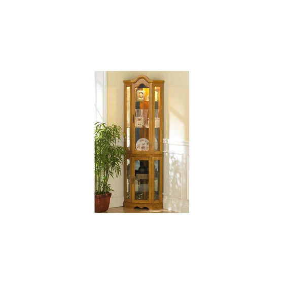 Southern Enterprises Lighted Corner Curio Cabinet, Golden Oak Finish with Antique Hardware