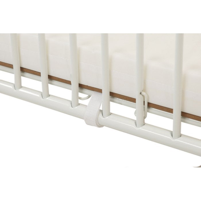 Arched and Slatted Metal Crib with Folding Mechanism and Casters,White