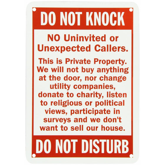 SmartSign Aluminum Sign, Legend Do Not Knock - Do Not Disturb, 10" high x 7" wide, Red on White