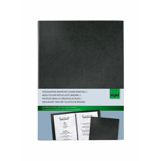 Sigel SM115 Menu Folder with elastic binding, black, with 2 double transparent pockets for 8 pages, for A5
