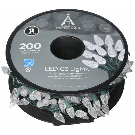 NOMA/INMLITEN-IMPORT 47940-88A 200 Count, Cool White, C6, LED Light Set, On Spool, Green Wire, 3" Light Spacing, 12" Lead, 4" End, 49.8' Lighted Length, 51' Total Length.
