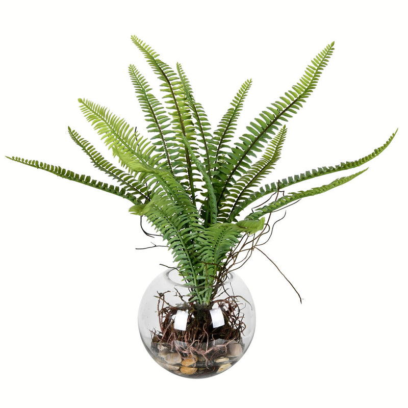15.5" Green Fern In Glass Pot