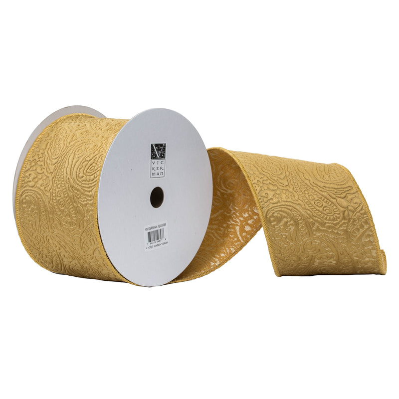 4"x10Yd Gold Woven Paisley Ribbon