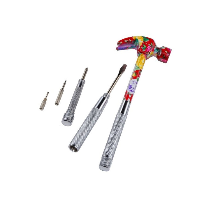Papa John's Toolbox - 6 in 1 Silk Flower Hammer & Screwdriver Tool for Her [Colors May Vary]