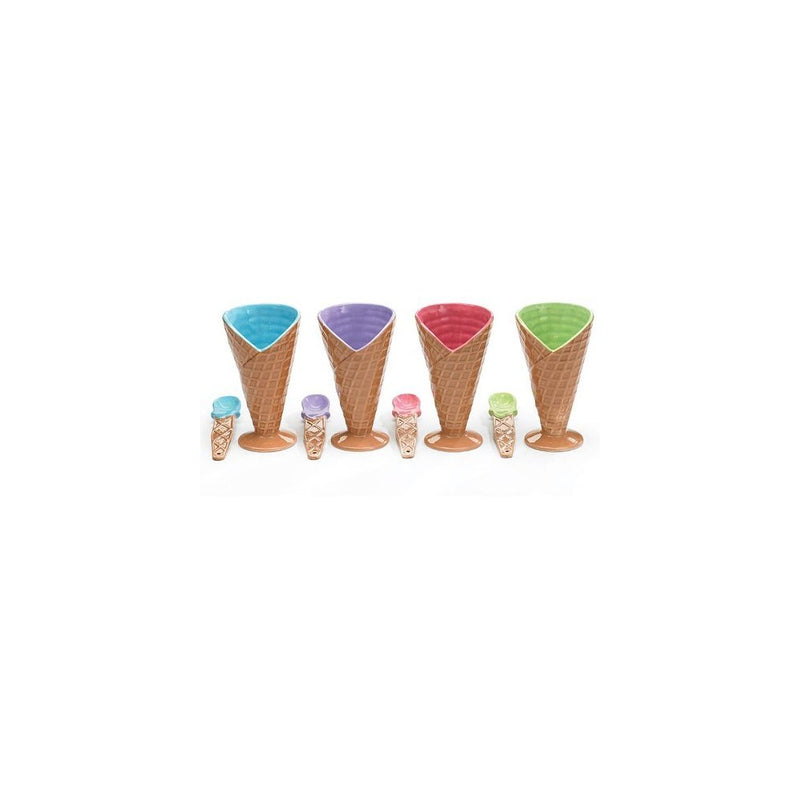 Set Of 4 Large Ice Cream Cone Dishes Bowls With Spoon
