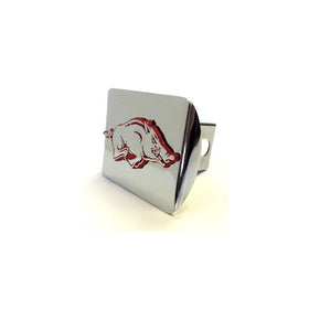University of Arkansas Razorbacks "Bright Polished Chrome with "Red Running Hog" Emblem" Metal Trailer Hitch Cover Fits 2 Inch Auto Car Truck Receiver with NCAA College Sports Logo