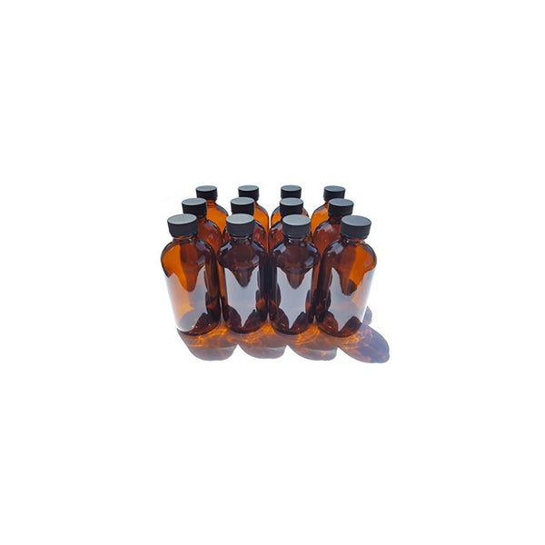 4 oz Amber Glass Boston Round Bottles With Black Ribbed Cap - 12 Pack