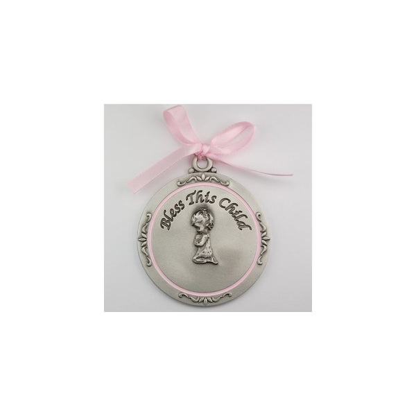 Bless this child crib medal Girl Crib Medal pink ribbon Round 2 3/4 great gift baby shower by "McVan, Inc."