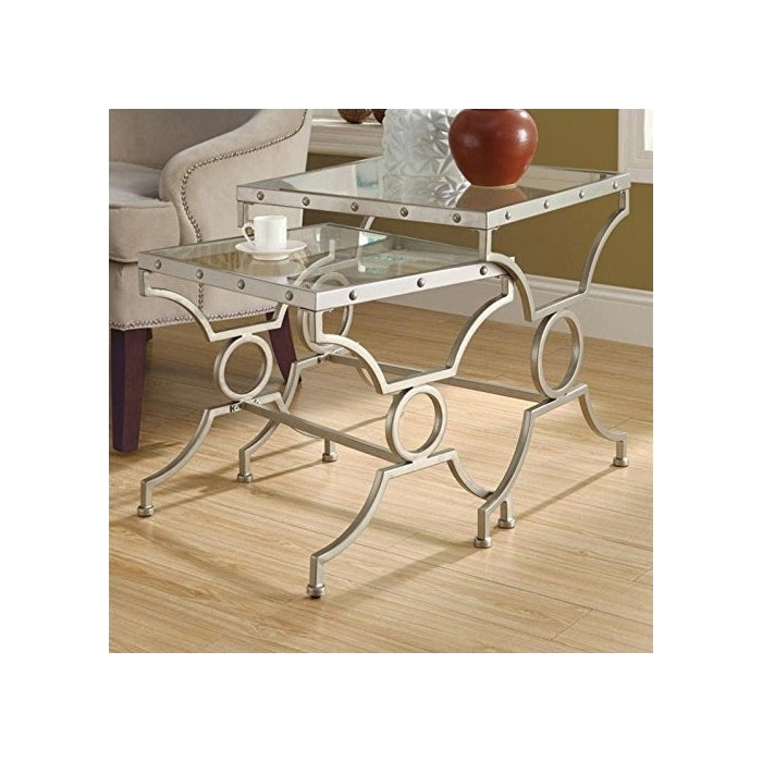 Monarch Specialties Nesting Table Set with Tempered Glass, Satin Silver, Set of 2