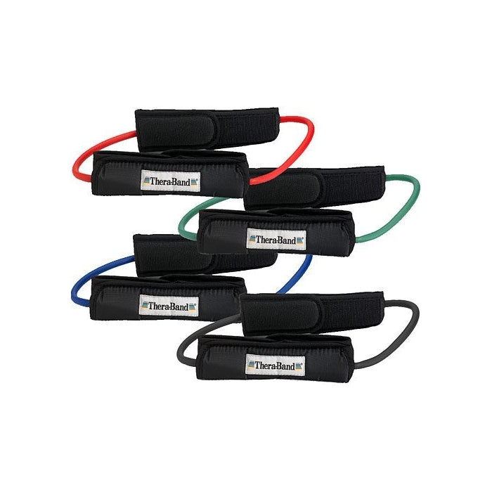 TheraBand Resistance Tubes, Professional Latex Elastic Tubing with Handles For Physical Therapy, Lower Pilates, At-Home Workouts, and Rehab, 12 Inch With Padded Cuffs, Red, Medium, Beginner Level 3