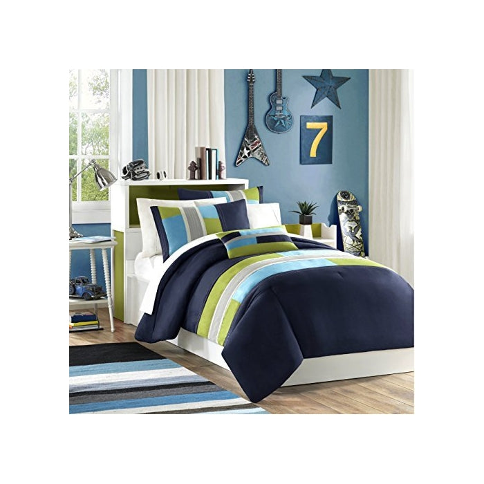 Navy, Teal, Light Green Boys Twin Comforter and Sham Set Plus BONUS PILLOW