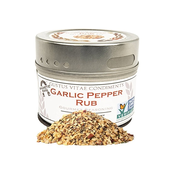 Garlic Pepper Rub Seasoning | Non GMO Verified | Magnetic Tin | Gourmet Spice Blend | 2.1oz | Crafted in Small Batches by Gustus Vitae | #16