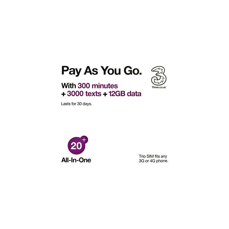 Europe (U.K.) prepaid sim with 42 countries - Three SIM Card with £20 Credit 300min300texts12GB data (Europe Prepaid Sim) 42 Destinations! 3 sim!