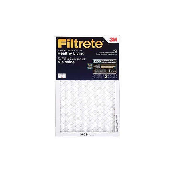 Filtrete MPR 2200 16 x 25 x 1 Healthy Living Elite Allergen Reduction AC Furnace Air Filter, Attracts Fine Inhalable Particles, 2-Pack