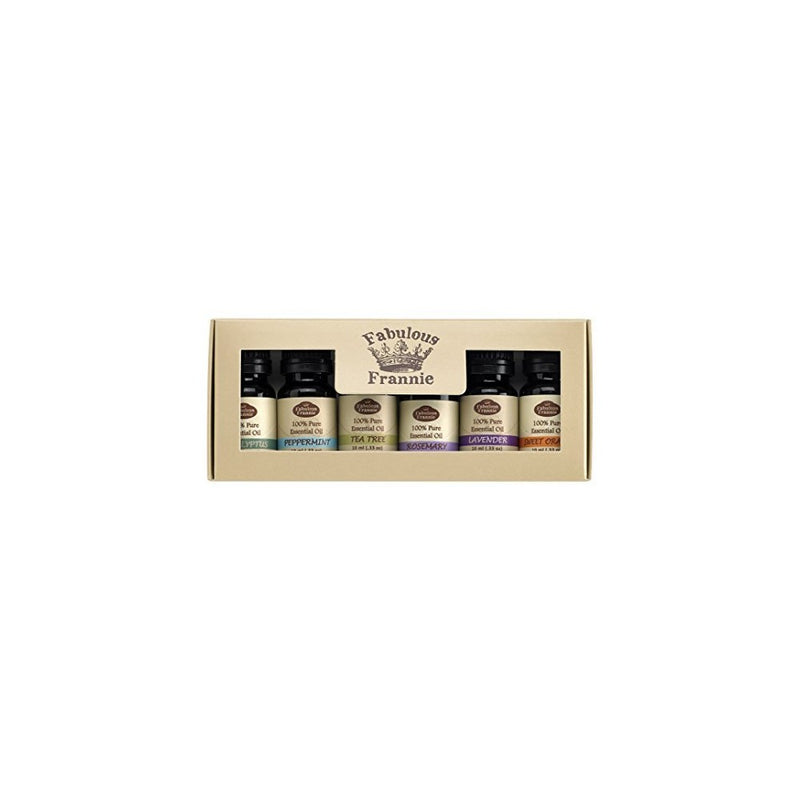 Fabulous Frannie High-Quality 6-Pack Aromatherapy Basic Sampler Gift Set of 100% Pure Therapeutic Grade 10ml Essential Oils (Eucalyptus, Lavender, Peppermint, Rosemary, Sweet Orange, Tea Tree)