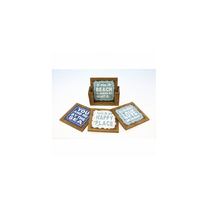 4 Beach Sayings Coasters in Wood Holder