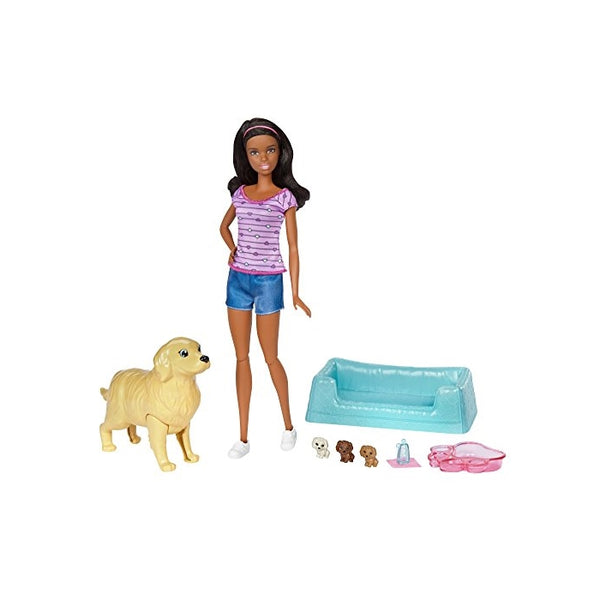 Barbie Newborn Pups Doll & Pets Playset, Brunette
