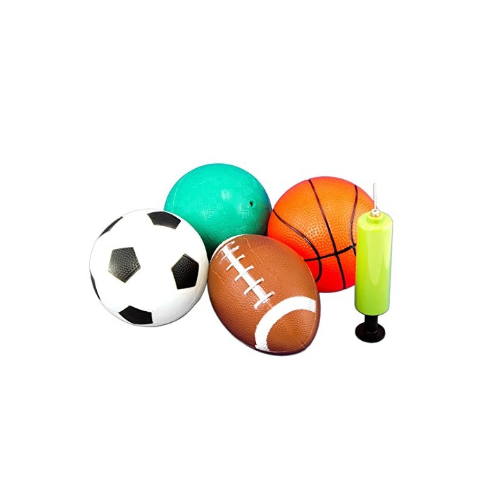 Adorox Set of 4 Sports Balls (5 Inches) Soccer Basketball Playground Football Hand Pump Sports Kids