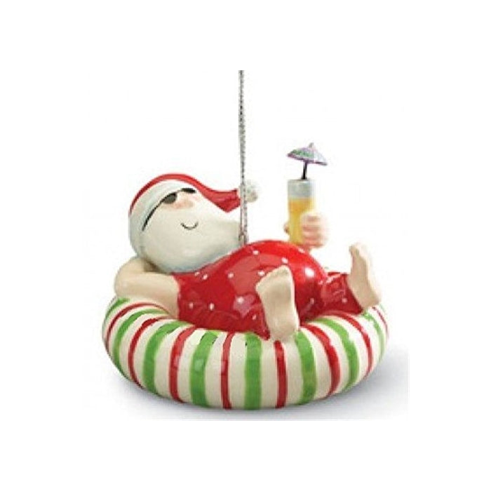 Christmas Ornament, Santa Relaxing on an Inner Tube Float with a Tropical Drink