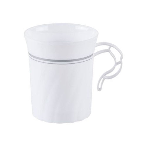 Masterpiece Plastic 8oz Coffee Cups, White w/Silver Rim 8 Per Pack