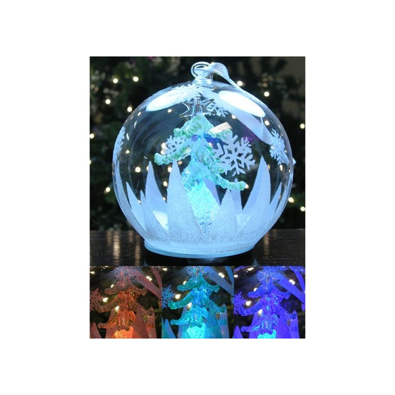 LED Glass Globe Christmas Ornament Hand Painted Glitter Snowflakes and Tree Color Changing Lights