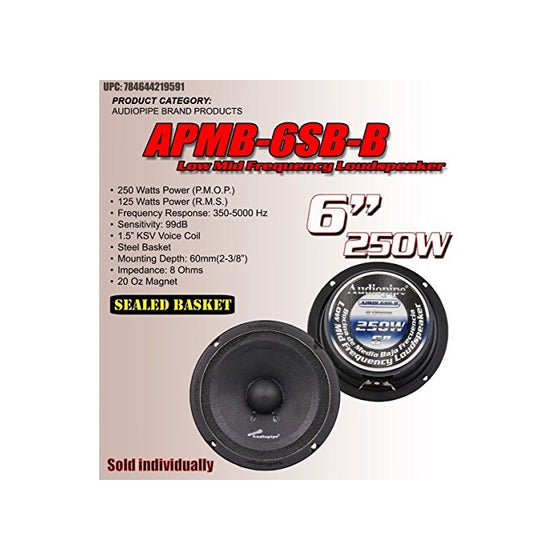 Audiopipe 6" 250W Low Mid Frequency Loud speakers APMB-6SB-B FULL RANGE