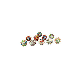 Set of 10 Vintage Color Multi Designed Ceramic Cupboard Cabinet Door Knobs Drawer Pulls & Chrome Hardware