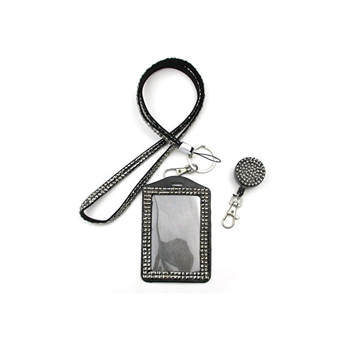 ALL in ONE Rhinestone Lanyard Bling Crystal Necklace Badge Reel Card Holder for Business Id/key (SILVER)