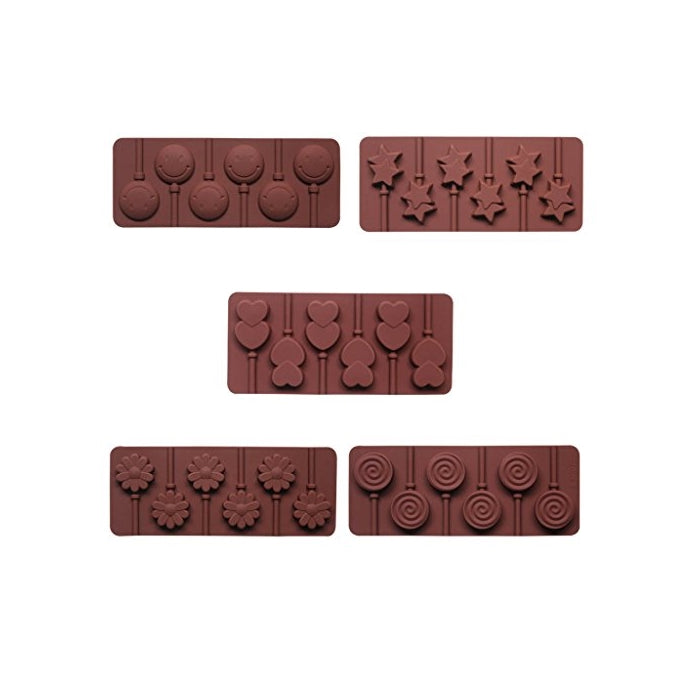 BAKER DEPOT Silicone chocolate Lollipop Mold with 6 Holes, Double Heart, Star, Small Flower, Smile Face, Round, Etc, Design, Set of 5