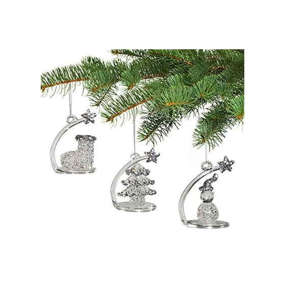 Crystal Christmas Ornaments - Hanging or Sitting Shooting Star Glittery Snowman Stocking or Tree Ornaments & Figurines - Set of 3 - 2.25"H