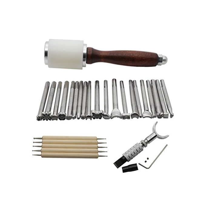 AMPSEVEN 20pcs Leather Carving Working Saddle Making Tools Set DIY Hammer Swivel Knife