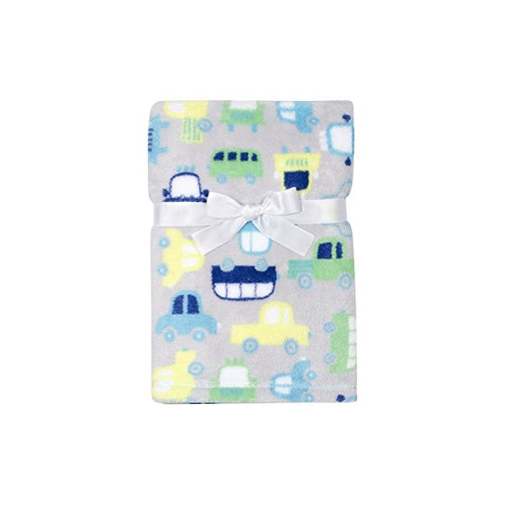 Baby Gear Plush Velboa Ultra Soft Baby Boys Blanket 30 x 40, Blue/Green Trucks