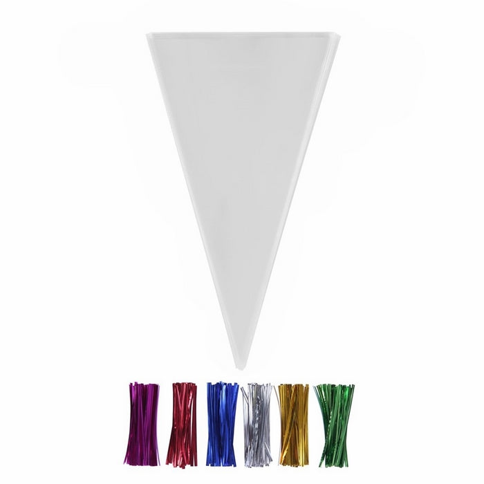 200 Clear Cone Shaped Treat Bags with Twist Ties 4'' - 1.4 mils Thick OPP Plastic Cello Bags Triangle for Favor Christmas Candy Popcorn (12'' x 6'')