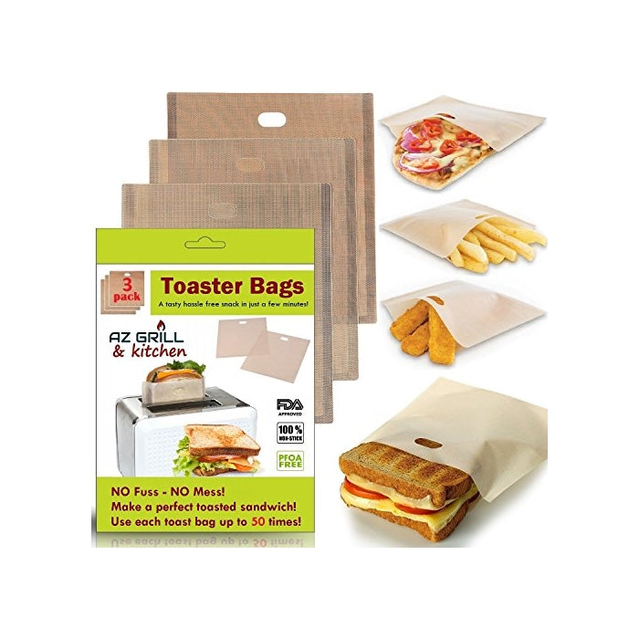 Toaster Bags Set of 3 Non-stick Teflon Reusable - Perfect for Grilled Cheese Sandwiches - Best Grill Cheese Bags - Toasted Sandwich Bags - Microwave Oven Toaster Bags - FDA-Approved Panini Toast Bags