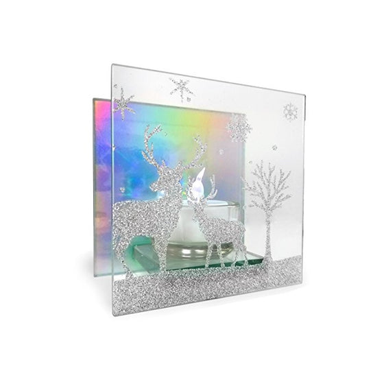 Holiday Candle Holder – Glittered Deer Silhouette in a Winter Scene with Snowflakes - Aurora Borealis Mirrored Background