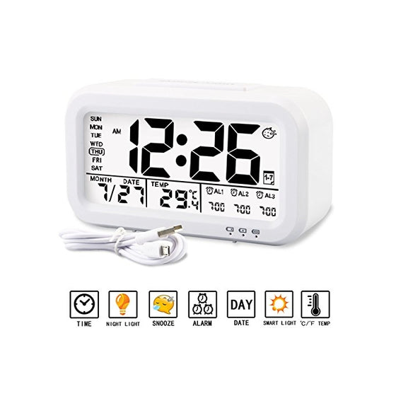 Alarm clock, Aitey Digital Alarm Clock for kids, Time/Date/Temperature Display, Snooze Function, 3 Alarms, Optional Weekday Mode, USB Charging (White)