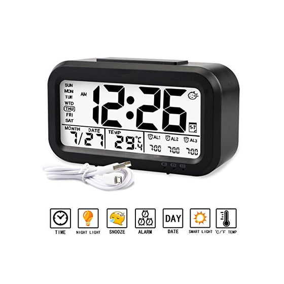 Alarm clock, Aitey Digital Alarm Clock for kids, Time/Date/Temperature Display, Snooze Function, 3 Alarms, Optional Weekday Mode, USB Charging (Black)