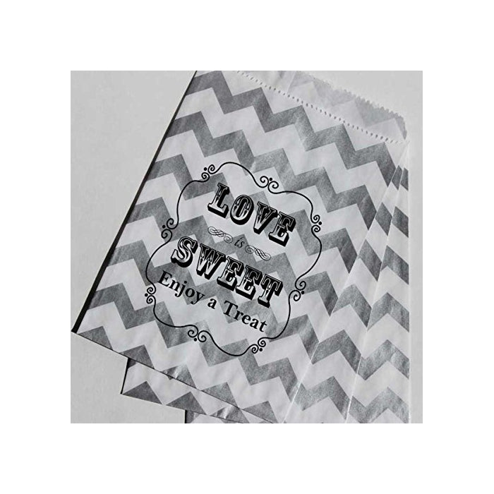 Bakers Bling Wedding Party Favor Bags with Stickers, Silver and White Chevron Stripe Love is Sweet Enjoy a Treat Candy Bags, 5.5 x 7.5, Set of 48 Bags and 48 Stickers