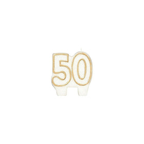 Amscan Classic Gold Border Flat Molded Glittered Number 50 Celebration Candle, White, 2.75" x 2.4" Wax