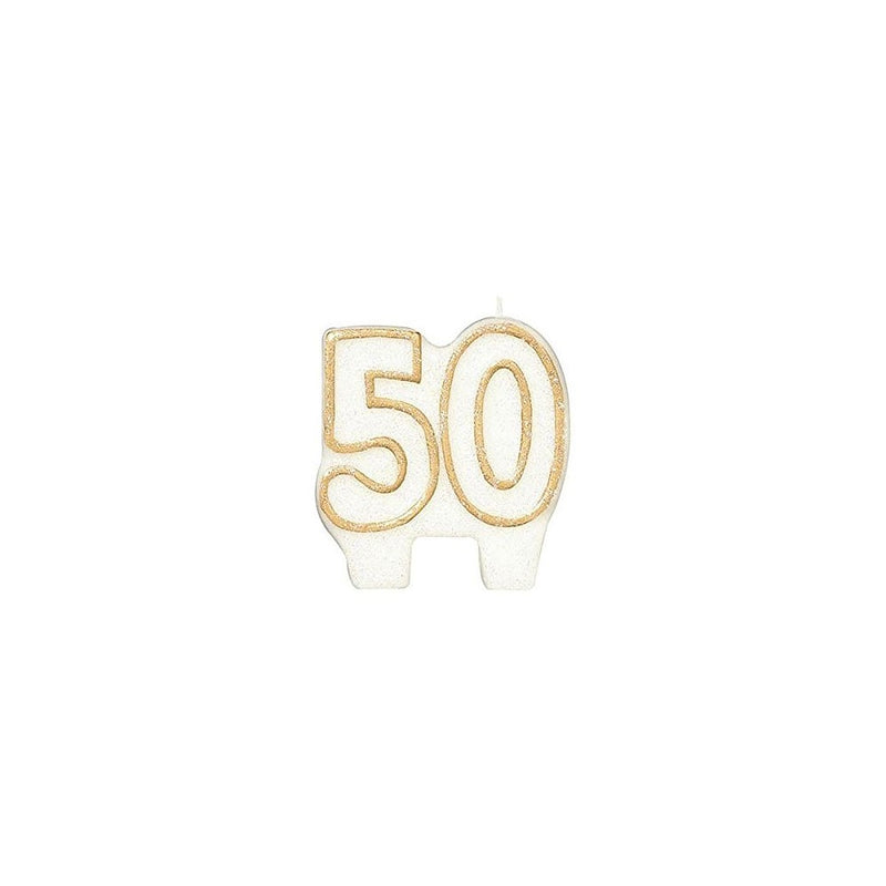Amscan Classic Gold Border Flat Molded Glittered Number 50 Celebration Candle, White, 2.75" x 2.4" Wax