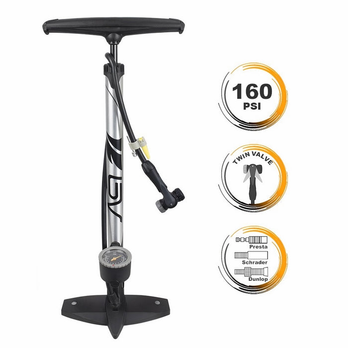 BV Bicycle Ergonomic Bike Floor Pump with Gauge & Smart Valve Head, 160 psi, Automatically Reversible Presta and Schrader