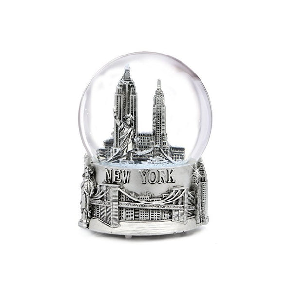 Musical Silver New York City Snow Globe with Sculpture Base, 6 Inch