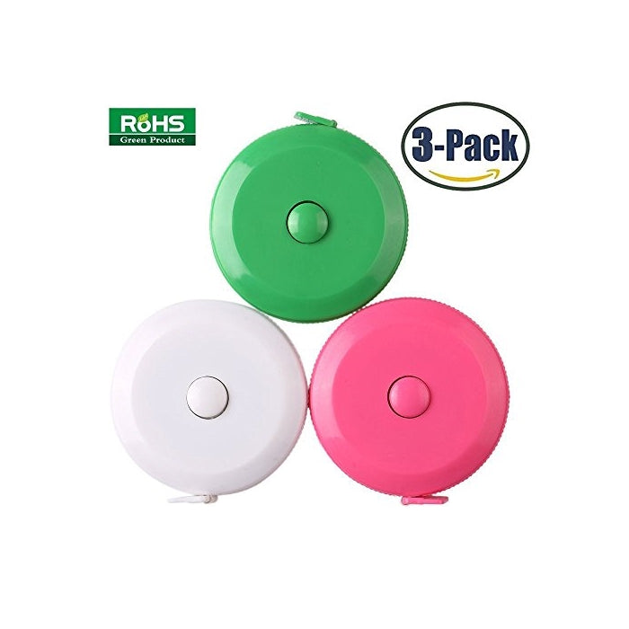 BUSHIBU Pink green white 3 pcs150 cm 60 Inch Push Button Soft Retractable Tape Measure Handy Pocket Tape Measure Double-Sided Tailor's Measuring Tape