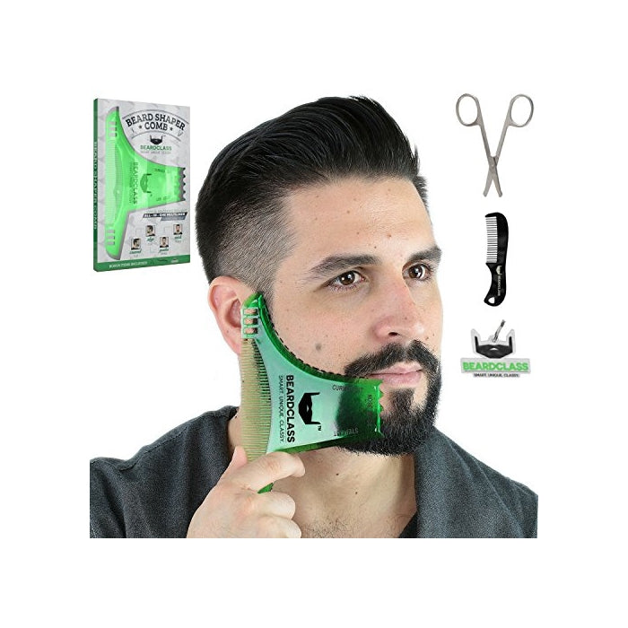 BEARDCLASS - Beard Shaping Tool - 6 in 1 Comb Multi-liner Beard Shaper Template Comb Kit Transparent - Bonus Items Included - Works with any Beard Razor Electric Trimmers or Clippers - (Green)