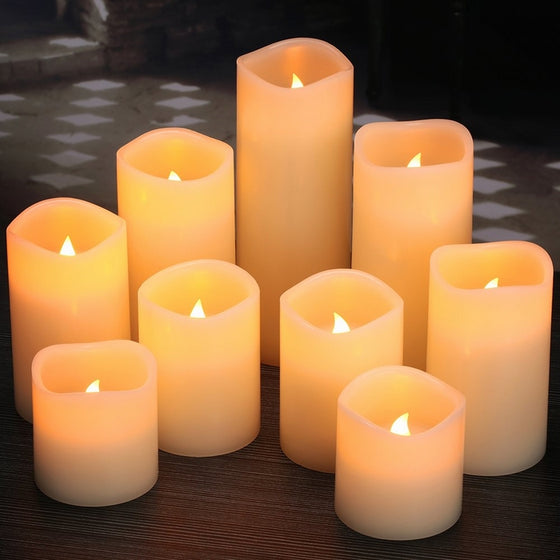 Flameless Candles, Battery Candles Set of 9(D3" x H3"4"5"6"7"8") Pillar LED Candles With Remote Timer by Comenzar (Ivory)(Batteries not included)