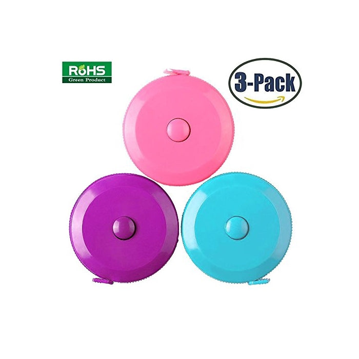 3 Pack Tape Measure 150 Cm 60 Inch Push Button Tape Body Measuring Soft Retractable For Sewing Double-Sided Tailor Cloth Ruler (Pink Purple Sky Blue) By BUSHIBU