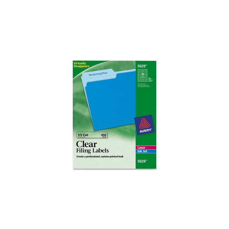 Avery 5029 Clear Self-Adhesive Filing Labels, 3-7/16 x 2/3, 15 sheets, 450 Labels