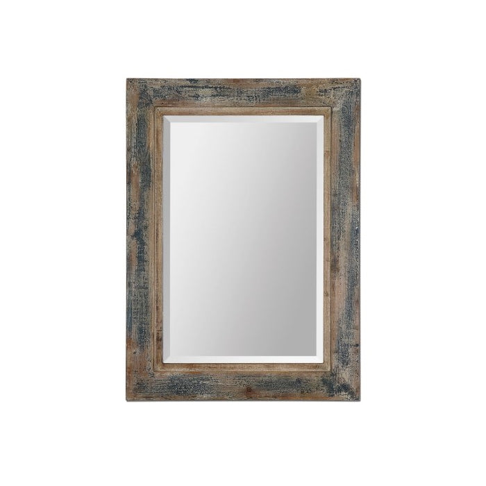 38" Rustic Distressed Slate Blue Wood Framed Beveled Rectangular Wall Mirror