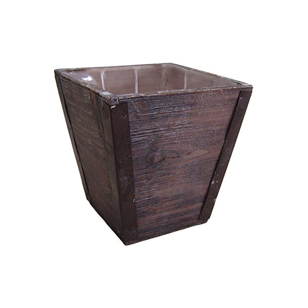 Cheung's Rattan Imports Metal Band Square Wooden Pot, Brown