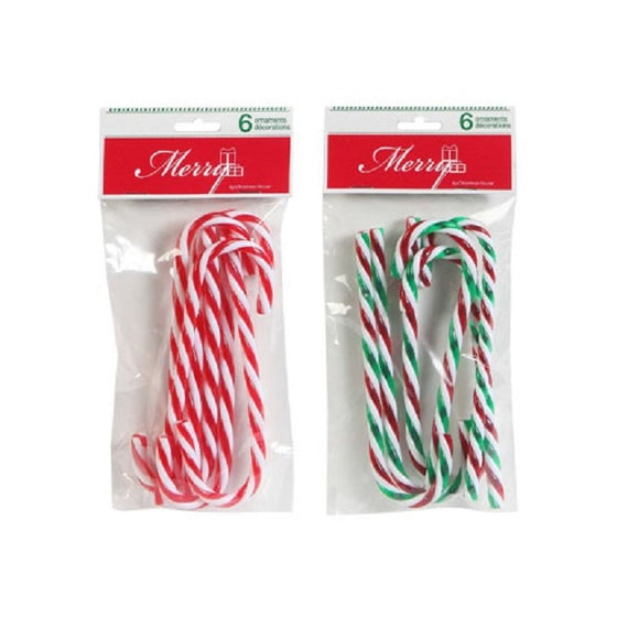 Christmas House Plastic Candy Cane Ornaments, 2 (6-ct. Packs, 1 Red & 1 Green Striped)